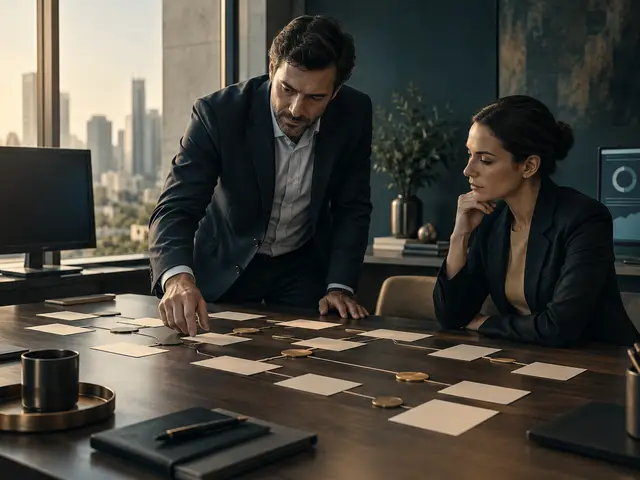 Sócios revisam um fluxo de contingência em uma empresa de investimentos, com estações de trabalho ao fundo.