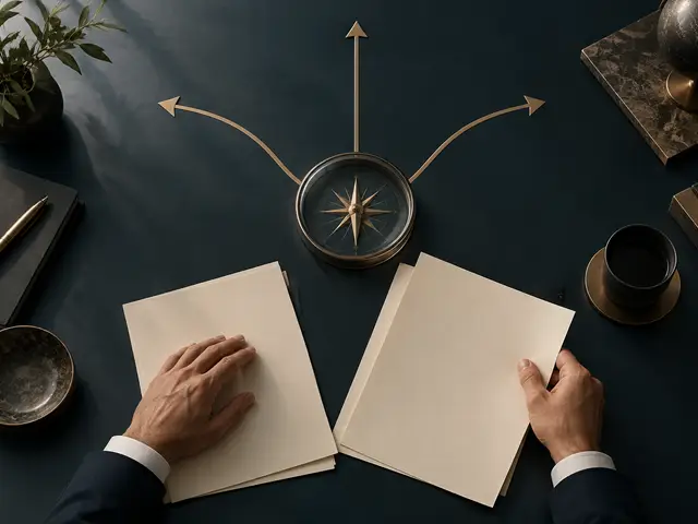 Bússola sobre uma mesa de reunião com caminhos distintos, representando a gestão de conflitos de interesse em consultorias de