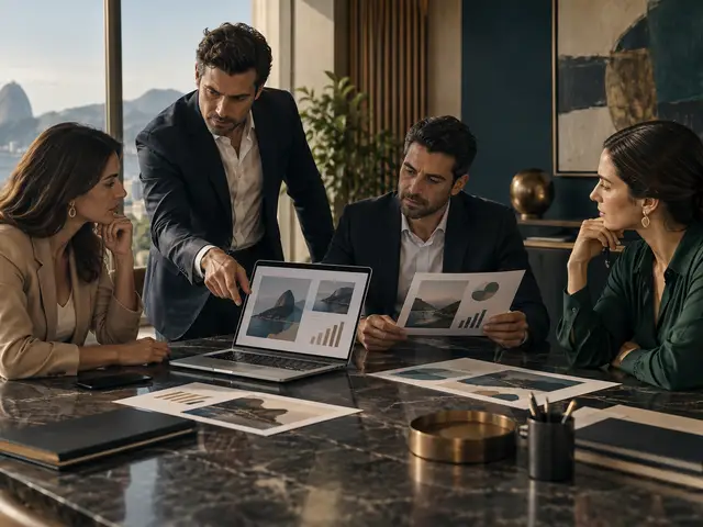 Sócios de uma empresa de investimentos revisam materiais de marketing e gráficos em uma mesa de reunião.