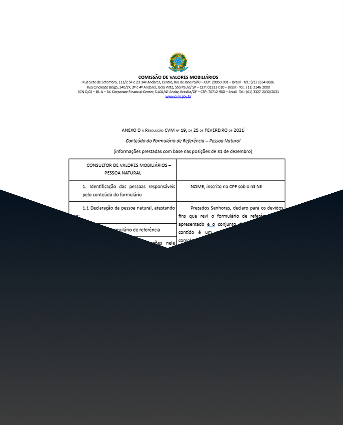 Capa de Modelos de Documentos para Registro de Consultor de Investimentos à CVM
